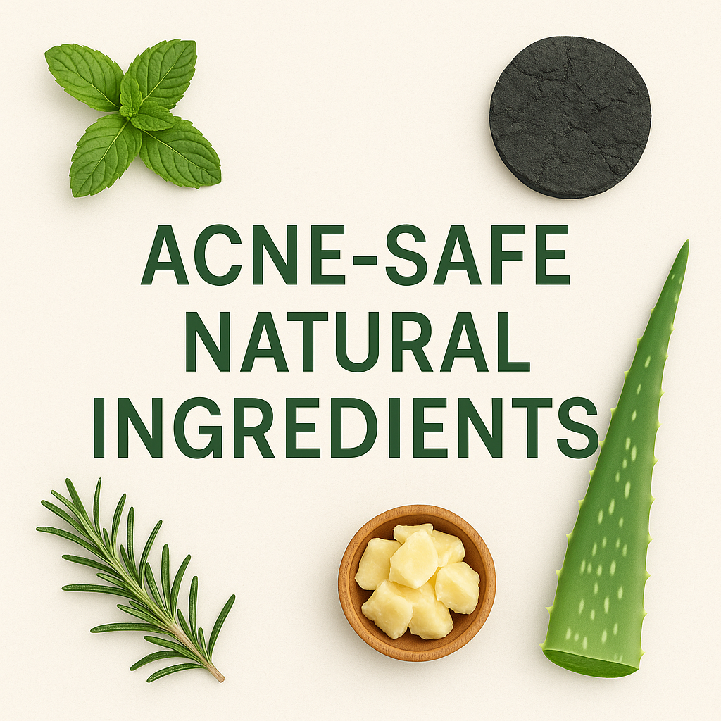 Natural acne-safe ingredients including peppermint, charcoal, aloe, rosemary, and shea butter arranged around the title “Acne-Safe Natural Ingredients.”