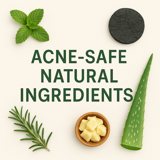 Natural acne-safe ingredients including peppermint, charcoal, aloe, rosemary, and shea butter arranged around the title “Acne-Safe Natural Ingredients.”